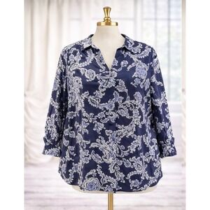 Belle by Kim Gravel Linen Rayon True Blue Popover Blouse Top Twilight Size 3X
